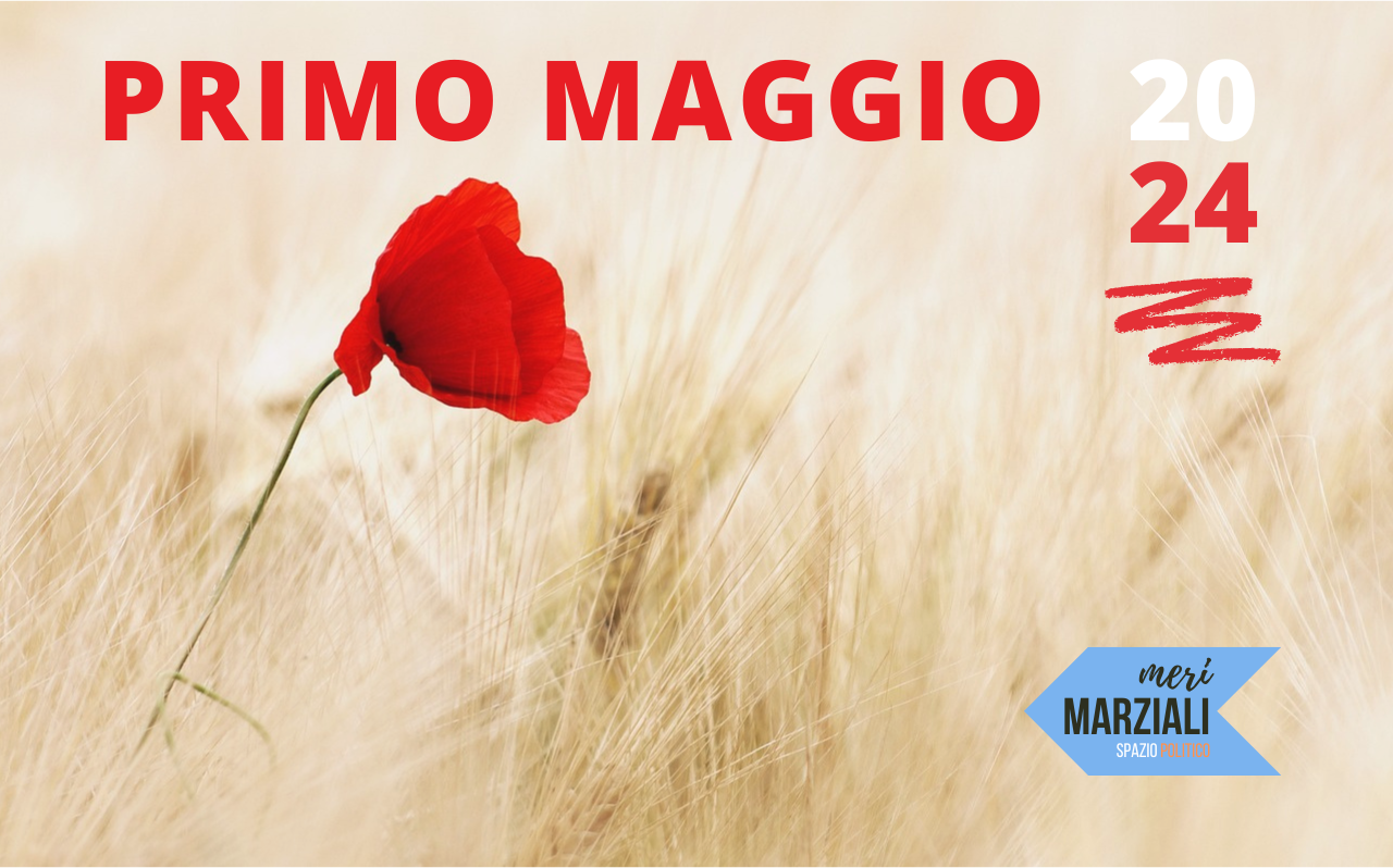 Un campo di grano con un papavero in primo piano. In alto la scritta, in rosso, Primo Maggio e, in bianco e rosso, 2024. In basso il logo